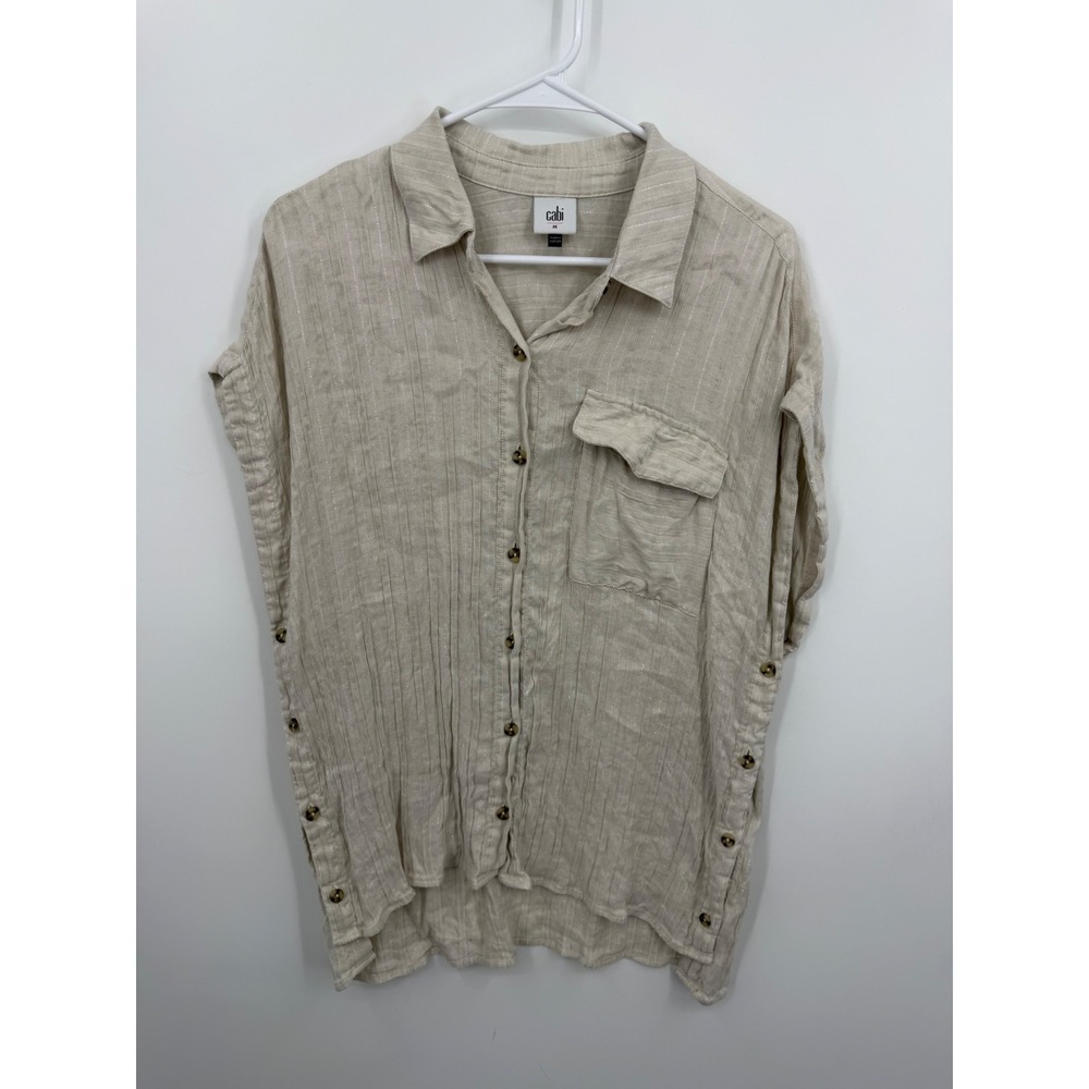 Cabi‎ 5951 beige cap sleeve Top sz M Beige Linen Blend Metallic Stripe Button Up